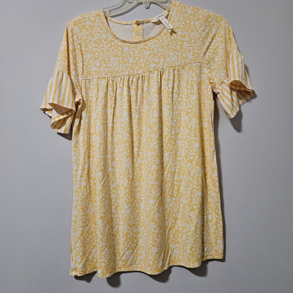 Matilda Jane Womens S Yellow Floral Stripe Mixed Media Babydoll Top Short Sleeve